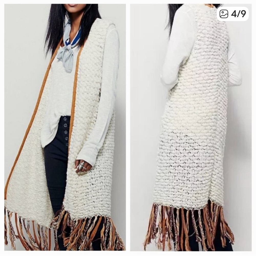 Free People Ivory Knit Fringe Long Vest with Tan Trim
